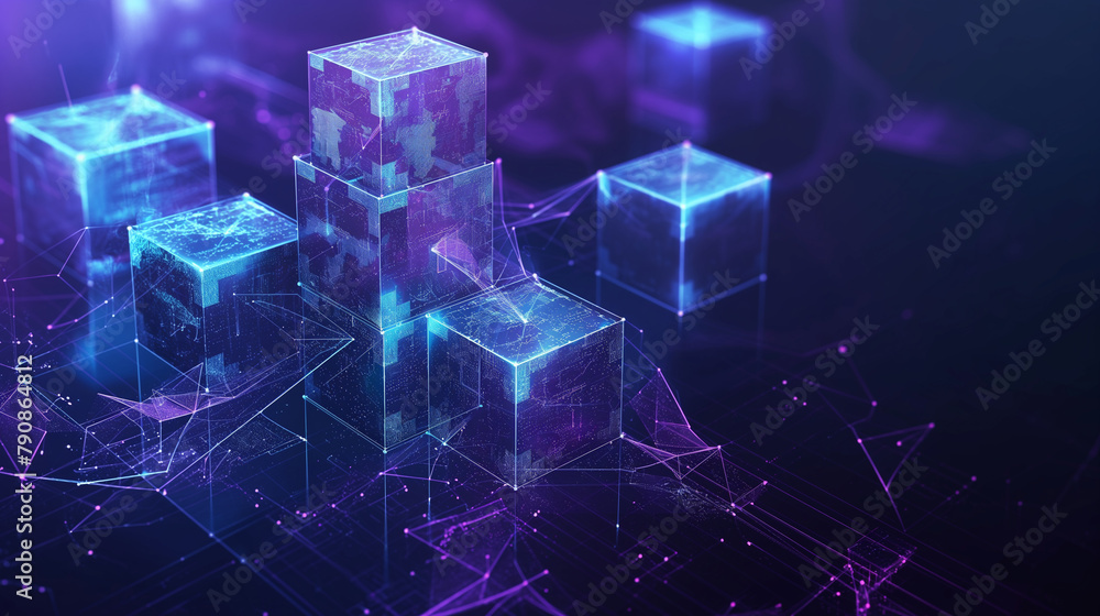Poster data blocks in volumetric elements glowing edges on dark background. 3d illustration, abstract geome