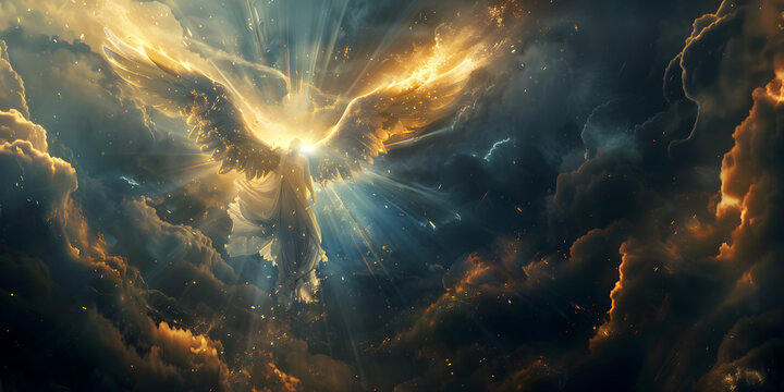 Angel mythology, abstract oil painting of a beautiful, mighty flying angel spreading arms and wings. Dramatic mythology vibe background, clouds and sunrays, representing good and evil.