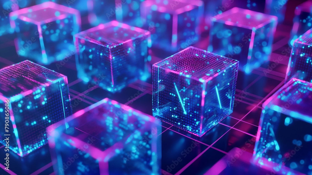 Poster data blocks in volumetric elements glowing edges on dark background. 3d illustration, abstract geome