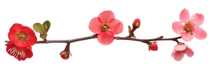 set of flowering quince, showcasing their early spring blooms, isolated on transparent background