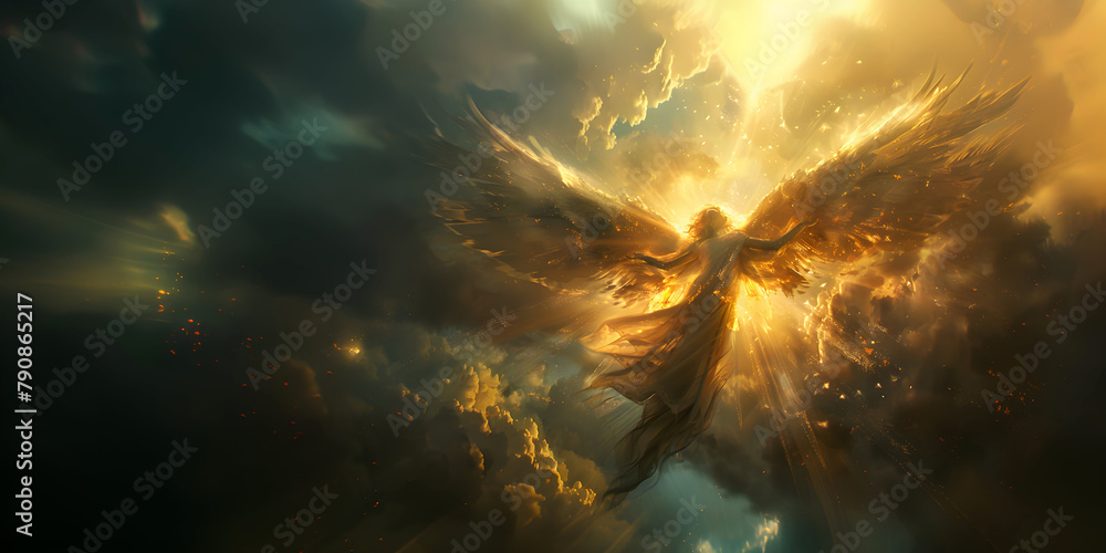 Wall mural angel mythology, abstract oil painting of a beautiful, mighty flying angel spreading arms and wings.