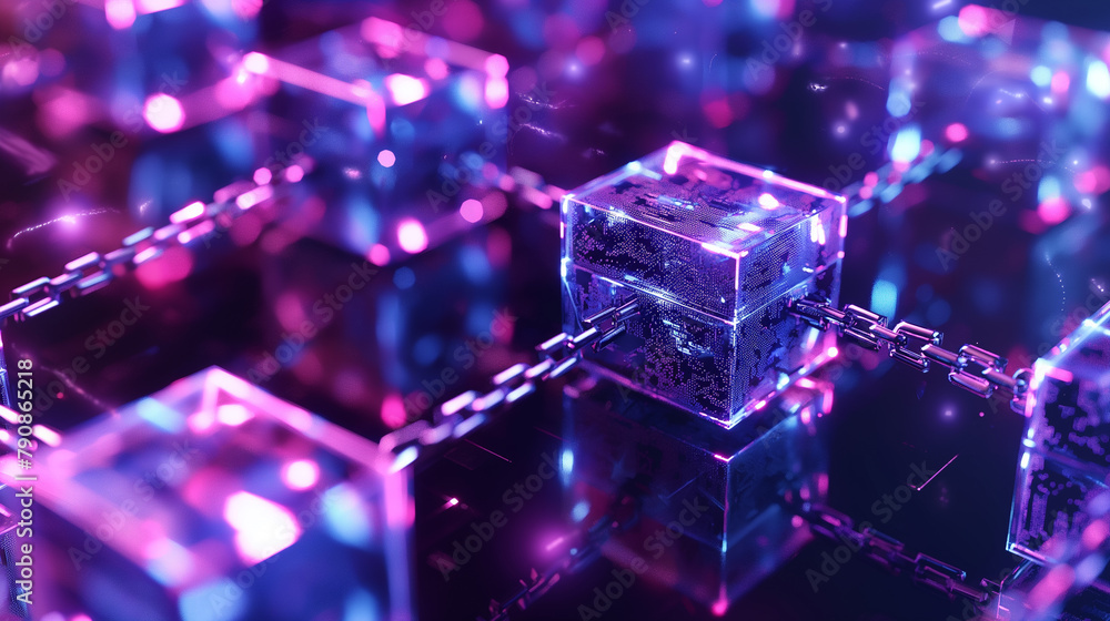 Poster data blocks in volumetric elements glowing edges on dark background. 3d illustration, abstract geome