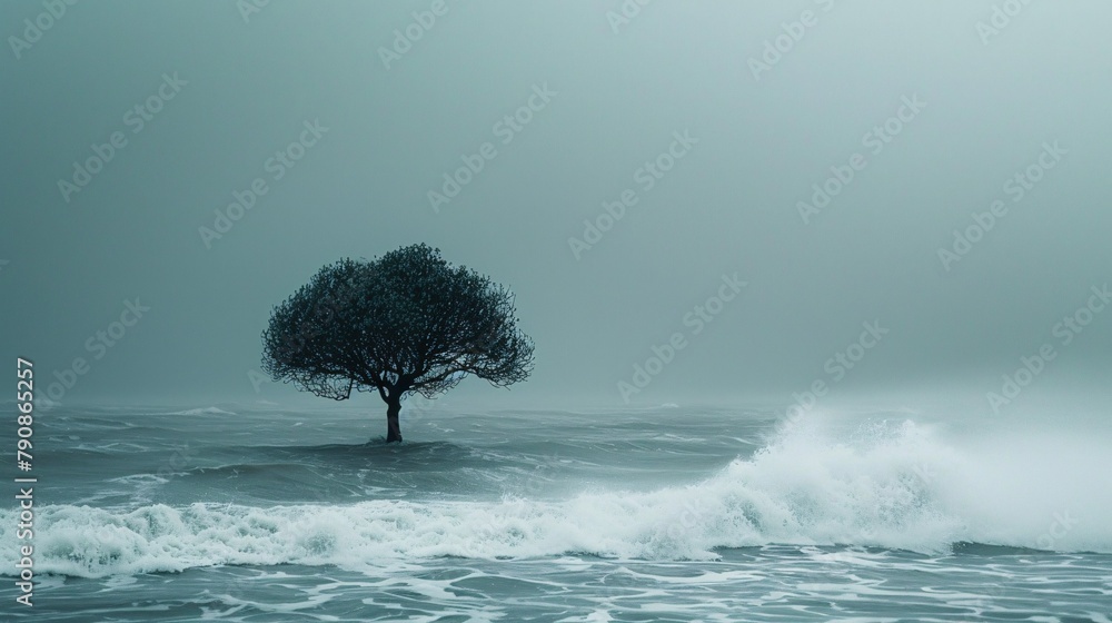 Poster AI generated illustration of a solitary tree standing amidst ocean waves