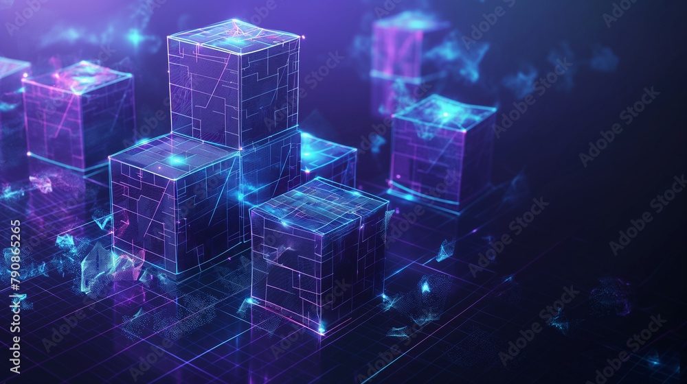 Poster data blocks in volumetric elements glowing edges on dark background. 3d illustration, abstract geome