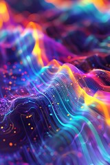 Create a dynamic close-up illustration of a soundwave, pulsating with vibrant colors and intricate details Showcase the fluctuating decibel levels through a mix of digital effects and realistic shadin