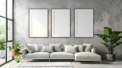 Blank poster wooden mock up frames on the black wall in living room, earth colors