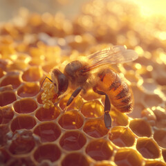 Unveiling the Beauty of Honey Production: A Close-Up View of a Bee Collecting Nectar from a Honeycomb