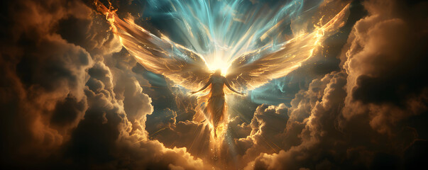 Angel mythology, abstract oil painting of a beautiful, mighty flying angel spreading arms and wings. Dramatic mythology vibe background, clouds and sunrays, representing good and evil.