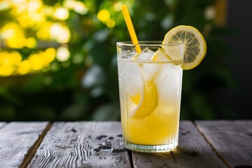 Iced lemonade delight with condensation and lemon slice in blurred backdrop