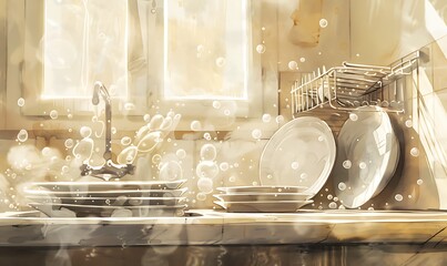 dreamy watercolor illustration of washing dishes with plenty of bubbles