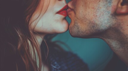 A man and woman kissing each other with a red lipstick, AI