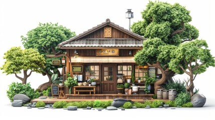 A small wooden house with a sign that says "Arts and Crafts Cafe" on it