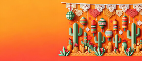 Festive Mexican paper-cut cactus and lanterns banner, ideal for cultural celebrations, vibrant and colorful on an orange background