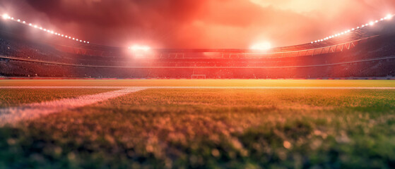 Stadium aglow with sunset hues and illuminated floodlights during a soccer match. Sport banner with copy space. Generative AI