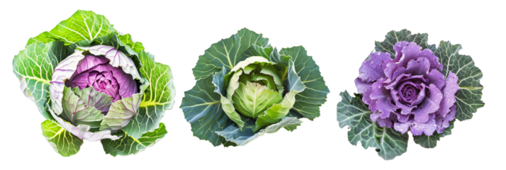 set of ornamental cabbages, vibrant and frost-tolerant, perfect for winter gardens, isolated on transparent background