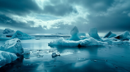 Wide angle photo of an arctic landscape with icebergs floating in the water, cloudy sky, dark blue and light cyan tones - obrazy, fototapety, plakaty