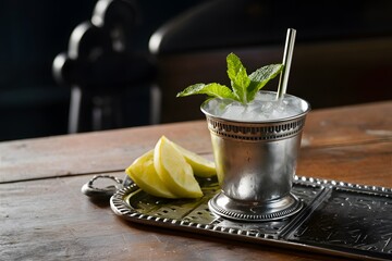 Mint julep cocktail in silver cup with fresh mint garnish - obrazy, fototapety, plakaty