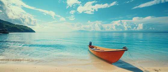 
Serene tropical beach with an orange boat on shore. Generative AI