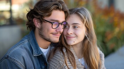 Obraz premium A man and woman sitting next to each other with their heads touching, AI