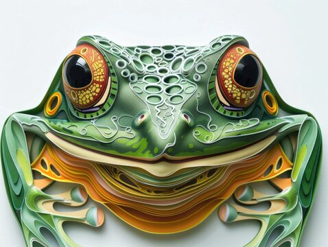 A hyper-realistic 3D papercut artwork depicting a frog face-on
