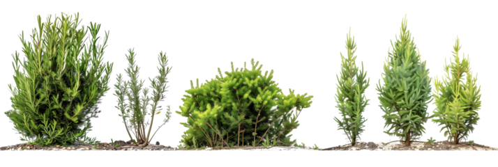 set of juniper bushes, varying from low ground covers to tall screens, displaying their adaptability, isolated on transparent background