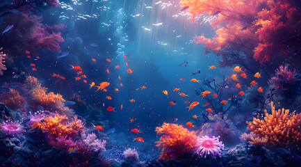 Fototapeta na wymiar Underwater Reverie: Glowing Coral, Mythical Beings, and Finned Wonders Dance