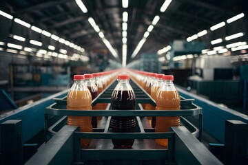 Production line of beverages in plastic bottles at light factory