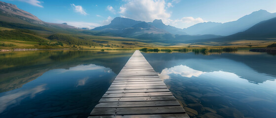 Tranquil lake with wooden pier leading towards distant mountains under a clear blue sky. Generative AI - obrazy, fototapety, plakaty