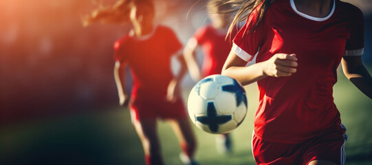 Female Soccer players performs an action on soccer stadium.  Teenage girls playing soccer close up