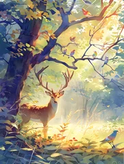 Fotobehang Majestic Deer Amid the Enchanted Underbrush of a Tranquil Forest Dawn © Holly