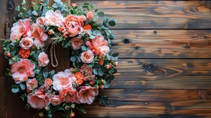   A wooden wall is adorned with a pink flower wreath and luscious greenery hanging in front, framed by another wood-paneled wall behind - obrazy, fototapety, plakaty