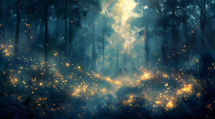 Enchanted Shadows: Glinting Eyes and Guiding Lights in the Twilight Forest - obrazy, fototapety, plakaty