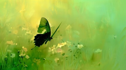 Calming nature rhythms flowers with black butterfly in imagination garden green background painting merge photo 