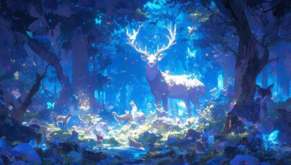 A whimsical forest scene with various animals, including deer and foxes, surrounded by lush green trees and colorful flowers.  - obrazy, fototapety, plakaty