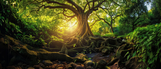 Sunlight Streaming Through a Lush Rainforest with Ancient Tree and Exposed Roots. Generative AI