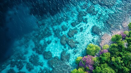 Vibrant aerial landscape with clear blue waters and lush coastal vegetation