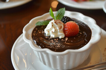 chocolate parfait in a glass with berries