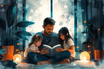 An illustration of father with siblings, two daughters Dad is reading book of fairy tales in cozy room. Happy childhood concept, family activities. Father's day. World book day.