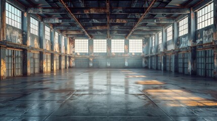 A large empty room with a lot of windows and some graffiti, AI