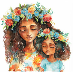 Mother and Daughter wearing Flower Crowns, Watercolor-Style