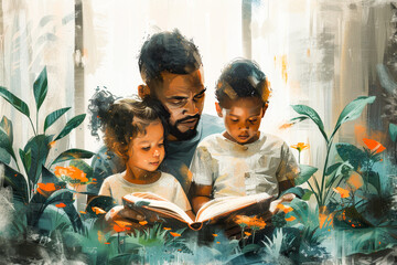 An illustration of father with siblings: daughter and son. Dad is reading book of fairy tales in cozy room. Happy childhood concept, family activities. Father's day. World book day