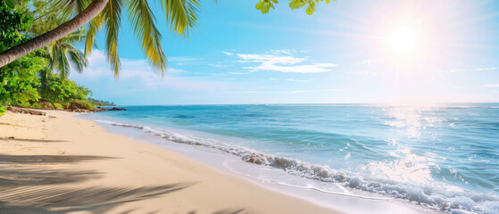 Idyllic tropical beach paradise at sunrise. Banner with copy space. Generative AI
