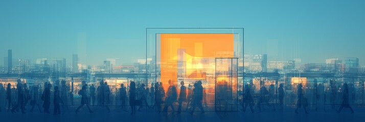 The blurred motion of people walking past store windows with orange signs, creating an abstract background - obrazy, fototapety, plakaty
