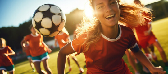 Female Soccer players performs an action on soccer stadium. Teenage girls playing soccer close up
