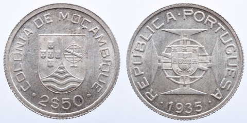 Silver coin from the Portuguese colony of Mozambique. 20th century - obrazy, fototapety, plakaty