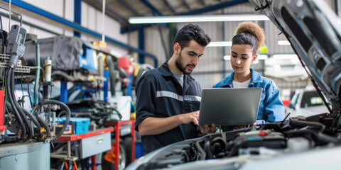 Auto mechanic working on laptop while running car diagnostic with his coworker in auto repair shop