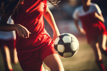 Female Soccer players performs an action on soccer stadium.  Teenage girls playing soccer close up