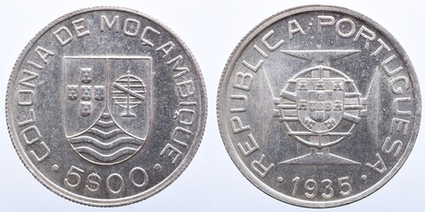 Silver coin from the Portuguese colony of Mozambique. 20th century