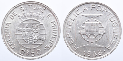 Silver coin from the Portuguese colony of São Tomé e Príncipe. 20th century