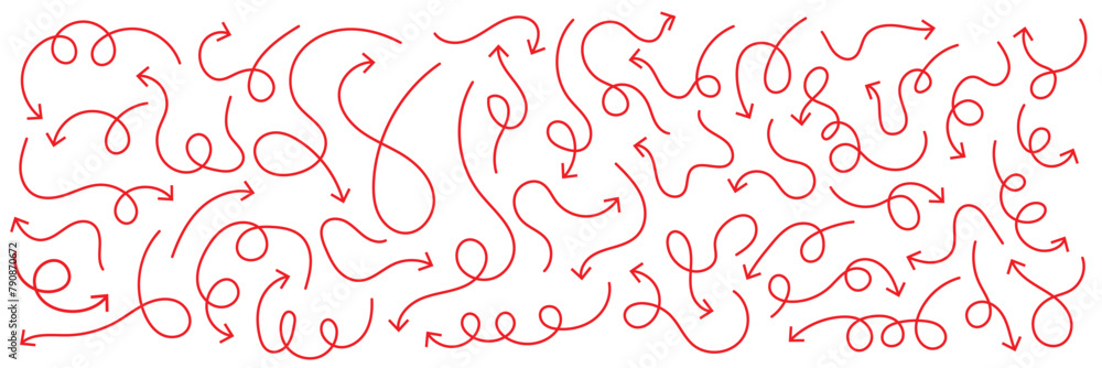 Poster hand drawn scribble red arrow set. arrow mark icons. doddle arrow set. collection of hand drawn arro